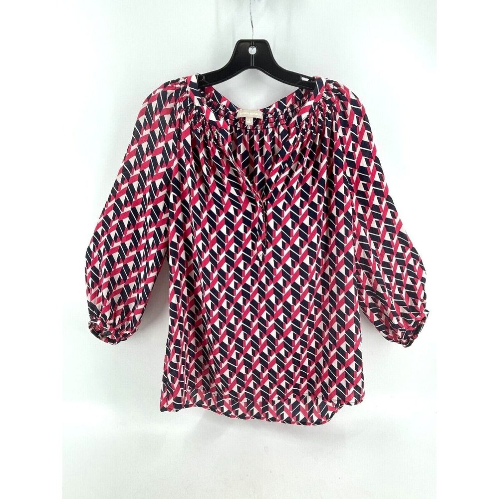 Banana Republic Women's Pink Navy Peasant Top Blouse V Neck Sheer Sz Small